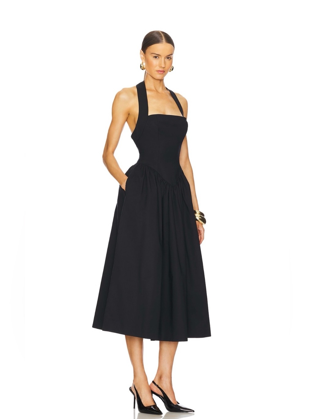 New Helsa Faille Halter elegant chic Black Midi Dress - Picture 2 of 12